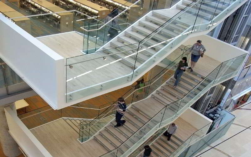 stair standoff glass railing for commercial staircase