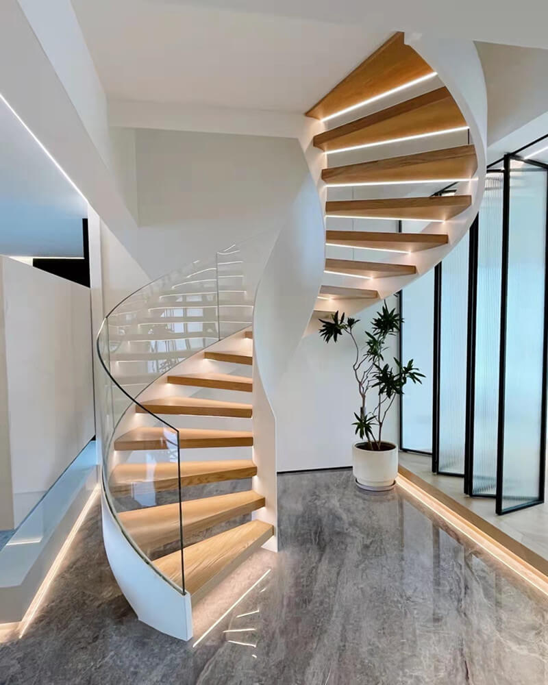 Penthouse Helical Staircase with Frameless Glass Railing and Led lighting (5) Penthouse Helical Staircase with Frameless Glass Railing and Led lighting